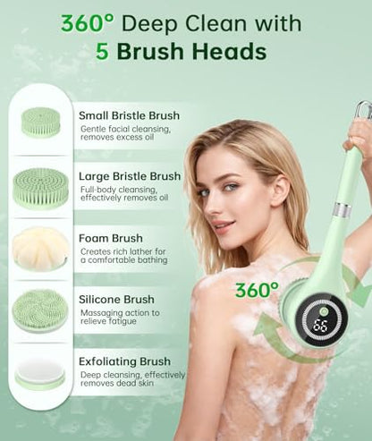 Electric Body Brush Back Scrubber for Shower, Waterproof Long Handle Power Auto Body Scrubber with 5 Heads, 3-Speed Rechargeable Bath Brush for Women, Men, Deep Cleansing, Exfoliating, Massage Skin - color: Green