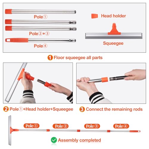ITTAR Floor Squeegee with 60" Stainless Steel Handle, 17.2" Silicone Blade Floor Scrubber for Bathroom, Shower, Garage, Tile, Window and Water Removal