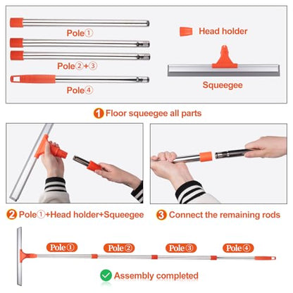 ITTAR Floor Squeegee with 60" Stainless Steel Handle, 17.2" Silicone Blade Floor Scrubber for Bathroom, Shower, Garage, Tile, Window and Water Removal