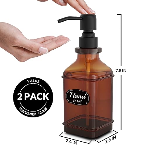 LMQML Soap Dispenser - 2 Pack, Antique Design Thick Amber Glass Hand Soap Dispensers with Sturdy Tray; 304 Rust Proof Stainless Steel Black Pump, 12Pcs Stickers, for Kitchen, Bathroom- Black - color: Brushed-black