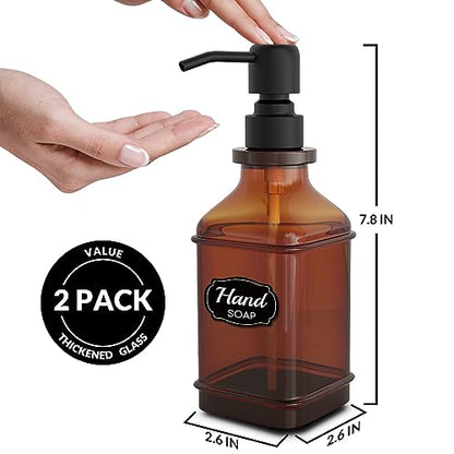 LMQML Soap Dispenser - 2 Pack, Antique Design Thick Amber Glass Hand Soap Dispensers with Sturdy Tray; 304 Rust Proof Stainless Steel Black Pump, 12Pcs Stickers, for Kitchen, Bathroom- Black - color: Brushed-black