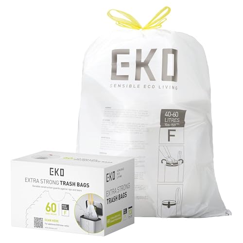 EKO 13 Gallon / 40-60 Liter, 60 Count Drawstring Trash Bags, Extra-Strong Unscented Garbage Bags, Easy-Dispense Roll for Kitchen & Household Use, Leak-Resistant, Code F, White - size: 60 Count (Pack of 1), style: 13 Gallon Bags/Code F