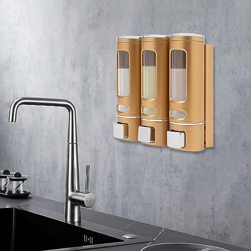 3-Head 400 ml Gold Soap Dispenser, Wall-Mount Triple Chamber Shampoo Conditioner Body Wash Pump, Bathroom Shower Gel Holder, Hotel Gym School Mall Refill Bottle, Adhesive or Screw Install