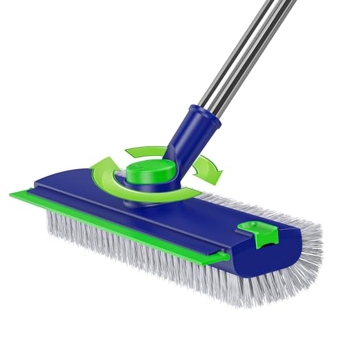 Floor Scrub Brush with Long Handle: 3 in 1 Heavy-Duty Floor Scrubber Brush with Squeegee for Cleaning Tile Bathroom Deck Kitchen Patio - Blue - color: Blue