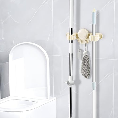 2 Pack Broom Holder Mop Hanger Wall Mount - Strong Suction Cup Mop and Broom Organizer with Hooks, Space Saving Removable Rack for Laundry Room Garden Garage (Beige) - color: Beige
