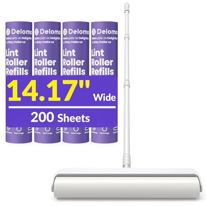 14.17" Extra Large Lint Rollers for Pet Hair, DELOMO Sticky Rollers for Floor with 3 Extendable Handle & 4 Refills (200 Sheets), Long Handle Sticky Mop for Cleaning Carpets, Couches, Furniture, Cars - size: B: 1 Roller + 4 Refills (Wide: 14.17 in)