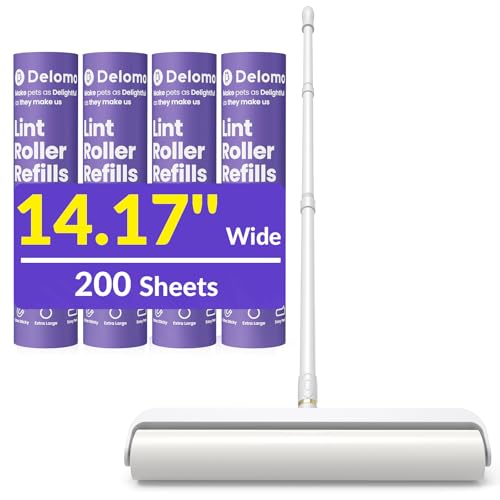 14.17" Extra Large Lint Rollers for Pet Hair, DELOMO Sticky Rollers for Floor with 3 Extendable Handle & 4 Refills (200 Sheets), Long Handle Sticky Mop for Cleaning Carpets, Couches, Furniture, Cars - size: B: 1 Roller + 4 Refills (Wide: 14.17 in)