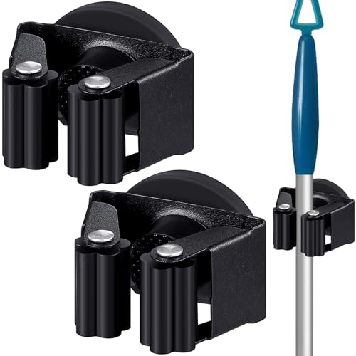 Vercraft 2 Pcs Magnetic Mop Broom Holder Movable Magnetic Broom Holder Rack, Anti Slip Wall Mounted Utility for Cleaning Tools, Garage, Kitchen, Laundry, Garden (Black) - color: black