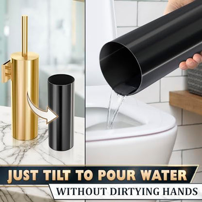 Gold Toilet Brush and Holder Set with Wall Mount - Modern Wall Mounted Toilet Brush Made from Corrosion-Resistant Stainless Steel - Removable Inner Bowl, Splash Protection & Dense Bristles Supplied - color: Gold Wall-mounted