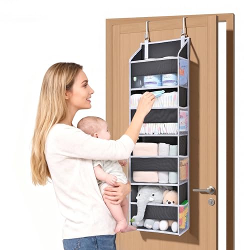 ULG 1 Pack Small Over Door Organizer with 4 Large Pockets 8 Mesh Side Pockets, Hanging Storage Organizer with Clear Window Kids Toys Deep Gray - color: Dark Grey, size: 1 Pack-4 Tier