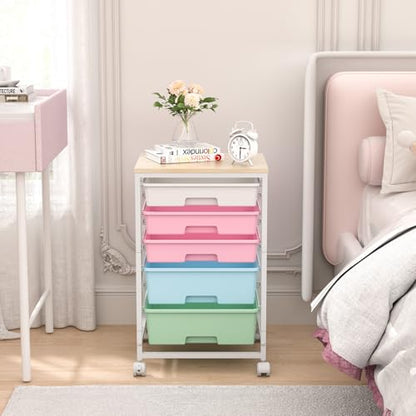SYKIARIOL Utility Cart with 5 Drawers,Storage Drawer Cart with Wooden Tabletop and Lockable Wheels,Craft Storage Trolley Cart,5-Tier Rolling Utility Cart on Wheels,Rainbow - color: Rainbow