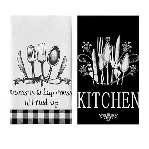 Tableware Black and White Grid Kitchen Towels Set of 2-18x26 Inch, Ultra Absorbent Microfiber, Farmhouse Decor, Fast Drying for Home, Kitchen, and Daily Use - color: Tableware