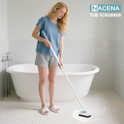 nacena Shower Scrubber with Long Handle, 4 in 1 Tile Tub Scrubber Brush with 3 Detachable Cleaning Heads and V-Shaped Grout Brush Shower Cleaner Brush for Bathroom Kitchen Toilet Tub Sink, Blue White - color: Blue White, size: 2 pads+brush