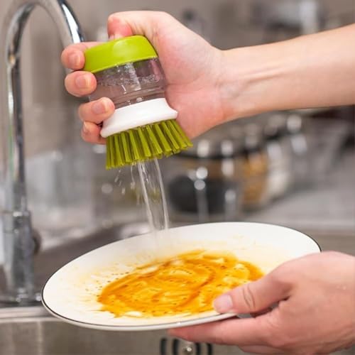 Soap Dispensing Dish Brush with Holder and Drip Tray, Kitchen Scrub Brush for Pans and Sinks, Refillable Dish Detergent Dispenser for Easy Cleaning (Gray) - color: Gray