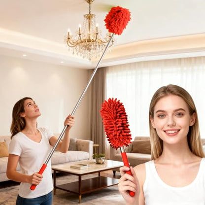 Extendable Microfiber Duster, Telescoping Dusting Brush for Home and Car Cleaning, Adjustable Length, Soft and Flexible - color: Elongated Red