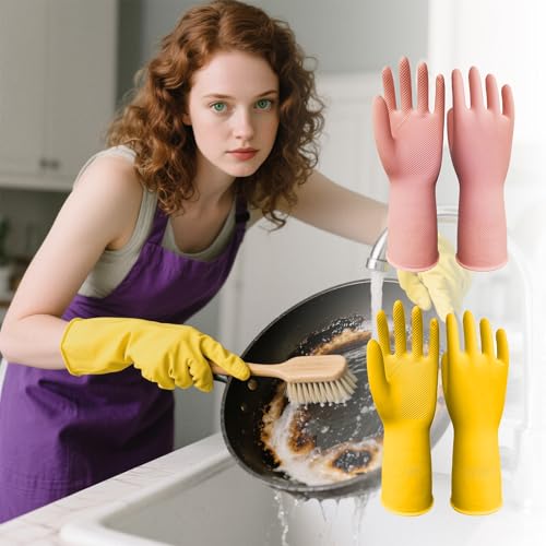 2/3 Pairs Universal Assorted Multi Latex Cleaning Rubber Gloves for Dishwashing, Kitchen, Bathroom, and Household Use, Waterproof, Non-Slip, Durable Reusable Gloves - color: Pink Yellow
