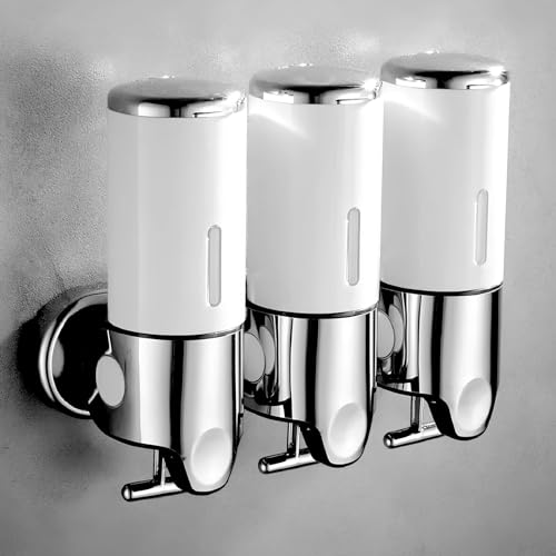 3 in 1 Chamber Wall Mounted Bathroom Shower Pump Dispenser and Organizer-Holds Shampoo, Soap, Conditioner, Shower Gel, for Bathroom Kitchen Hotel (White) - color: White, size: 3 Chamber