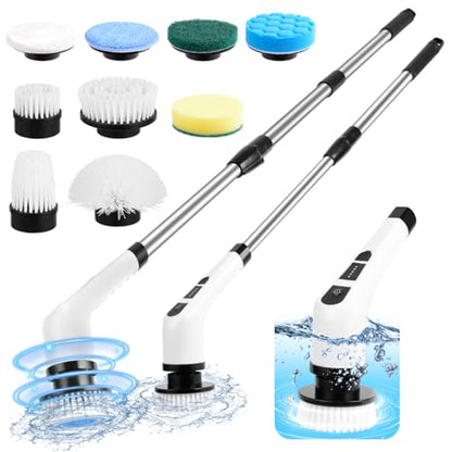 WDFAACK Electric Spin Scrubber,Cordless Spin Scrubber for Cleaning with 8 Replaceable Brush Heads,Shower Scrubber with Adjustable Detachable Handle for Bathroom,Kitchen