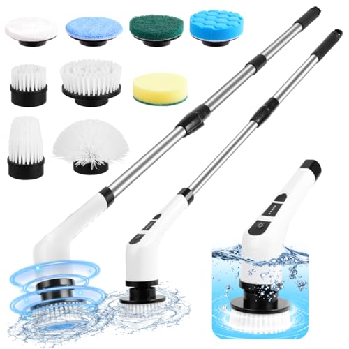 WDFAACK Electric Spin Scrubber,Cordless Spin Scrubber for Cleaning with 8 Replaceable Brush Heads,Shower Scrubber with Adjustable Detachable Handle for Bathroom,Kitchen