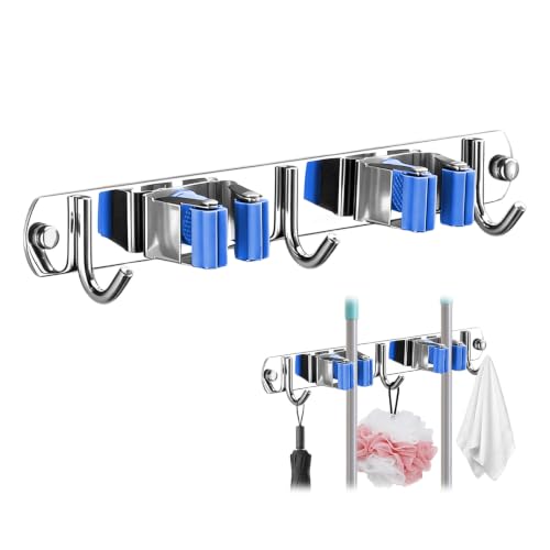 Upgrade Broom Holder Wall Mount, 304 Stainless Steel Mop & Broom Storage Organizer with Hooks, Self-Adhesive or Screw Install for Bathroom Garage Kitchen (blue, 2 Racks and 3 Hooks) - color: blue, size: 2 Racks and 3 Hooks