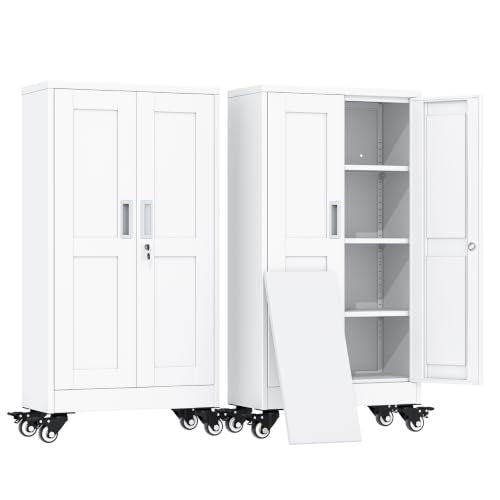 erosoei 45.6"H Metal Garage Storage Cabinet, Rolling Tool Cabinet with 2 Doors and Wheels, Locker Steel Cabinet with 3 Adjustable Shelves, Organization Cabinet for Garage,Office,Home,Gym,School（White） - color: White, size: 45.6"With wheels and locks