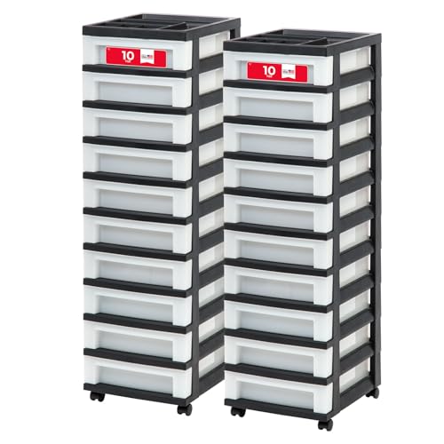 IRIS USA Plastic Drawer Storage Organizer Rolling Cart, 2-Pack, with Wheels Casters, 10-Drawers, for Classroom Art Craft Supplies Dresser Closet Bathroom Laundry Room, Black/Pearl - color: Black, size: 10 Drawer with Wheels - 2 Pack