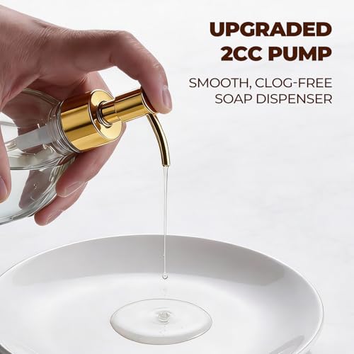 8 oz Clear Glass Pump Bottle, 250ml Small Lotion Dispenser Bottle for Body Massage Oil, Refillable Empty Hand and Dish Soap Dispensers Set with Plastic Golden Pump, Labels - 2 Pack - color: Clear With Golden Pump