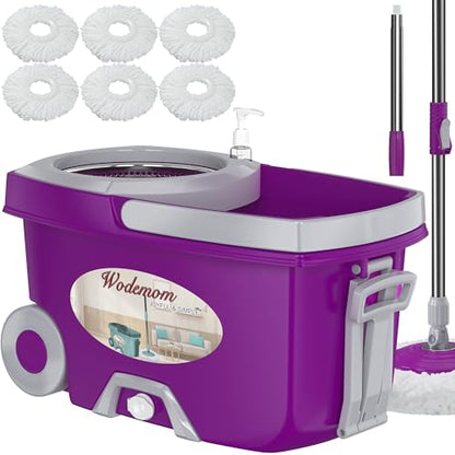 Dual Compartment Spin Mop and Bucket, Mop and Bucket with Wringer Set,360°Rotating Spinning Mopping for Floor Cleaning with 6 Microfiber Replacement Heads, 61" Extended Handle, 2X Wheel - size: Purple Mop Bucket + 6 Mop Heads