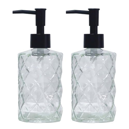 Crystal Clear Glass Soap Dispenser with Black Pump, 2 Pack 12oz Diamond Hand Dispenser, Refillable Lotion Dispenser & Dish Soap Dispenser, Bathroom Soap Dispenser for Liquid, Shower Gel - color: Transparent