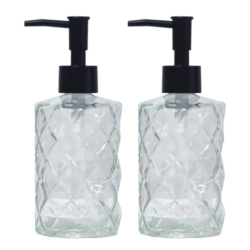 Crystal Clear Glass Soap Dispenser with Black Pump, 2 Pack 12oz Diamond Hand Dispenser, Refillable Lotion Dispenser & Dish Soap Dispenser, Bathroom Soap Dispenser for Liquid, Shower Gel - color: Transparent