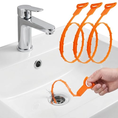 Drain Hair Remover Tool 3 Pcs Set, 20 Inch Flexible Drain Cleaning Snake, Plastic Drain Clog Remover for Sink, Shower, Bathtub and Bathroom Drain, Reusable Hair Removal Tool, Green - color: Orange