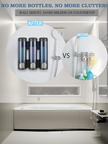RANKADO Luxury Shower Soap Dispenser 3 Chamber No Drill,Soap Shampoo Conditioner Dispenser Bathroom Wall Mounted with Labels Hotel RV,Black - color: 320ml X 3（black）