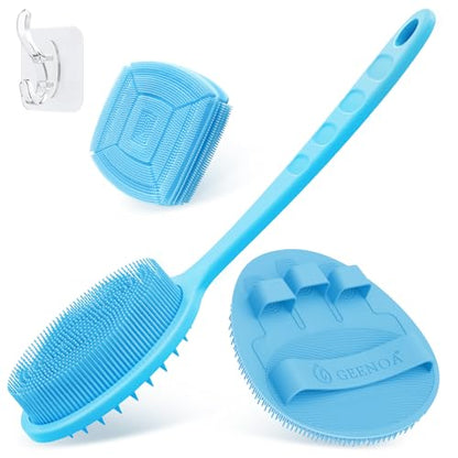 Silicone Back & Face Scrubber & Bath Glove Set 3PCS, 13.4'' Gentle Back Scrubber with Dual-Side Head, 360° Anti-Slip Bath Glove, Unique Side-bristled Face Scrubber for All-Round Cleaning(Blue) - color: Blue*3