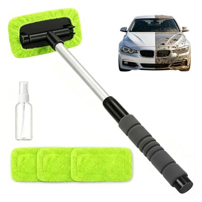 Car Windshield Cleaning Tool, Microfiber Wand Window Cleaner Kit for Auto Glass, 2026 Upgraded Car Window Cleaner with Reusable Washable Pads, Interior Exterior Glass Scrubbing Wand (Green - Square) - color: Green - Square