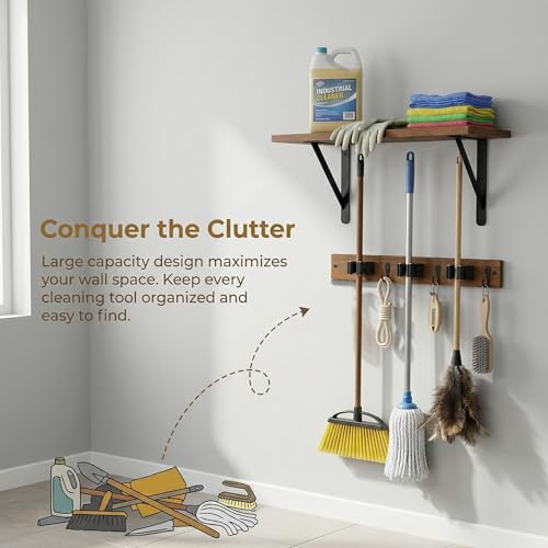 Wooden Broom Holder Wall Mount with Hooks and Shelf Mop Hangers Storage Rack with Cleaning Supplies Organizer Farmhouse Garage Laundry Room Wood Shelf (Brown, 1)