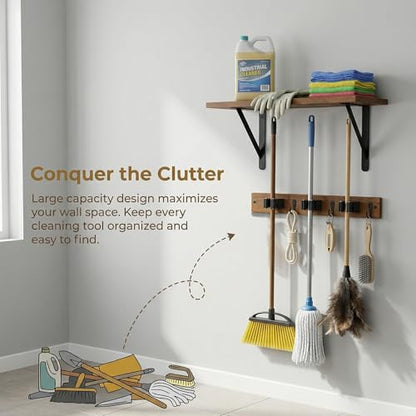 Wooden Broom Holder Wall Mount with Hooks and Shelf Mop Hangers Storage Rack with Cleaning Supplies Organizer Farmhouse Garage Laundry Room Wood Shelf (Brown, 1)