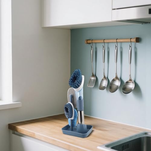 4 in 1 Kitchen Cleaning Brush with Soap Dispenser, Long Handle Dishwashing Scrubber, for Sinks, Stoves, Tiles, and Bathtubs, Automatic Detergent Release, Blue(Blue)