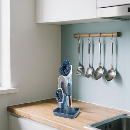 4 in 1 Kitchen Cleaning Brush with Soap Dispenser, Long Handle Dishwashing Scrubber, for Sinks, Stoves, Tiles, and Bathtubs, Automatic Detergent Release, Blue(Blue)