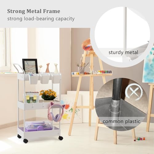 danpinera Storage Cart on Wheels, 3 Tier Slim Laundry with Wheels Bathroom Organizer with Hanging Cups Hooks Dividers Handle Mobile Rolling Art Cart for Bathroom Kitchen Narrow Places, White - style: 3 Tier White