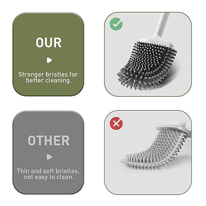 Deep Cleaner Toilet Brush: Silicone Toilet Brush with No-Slip Long Plastic Handle and Flexible Bristles, Quick Drying Holder Set for Toilet（White）