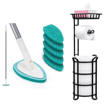 Shower Scrubber with Long Handle, 47'' Bathtub Scrub Brush, Toilet Paper Holder Stand with Shelf, Free Standing Tissue Roll Storage Rack