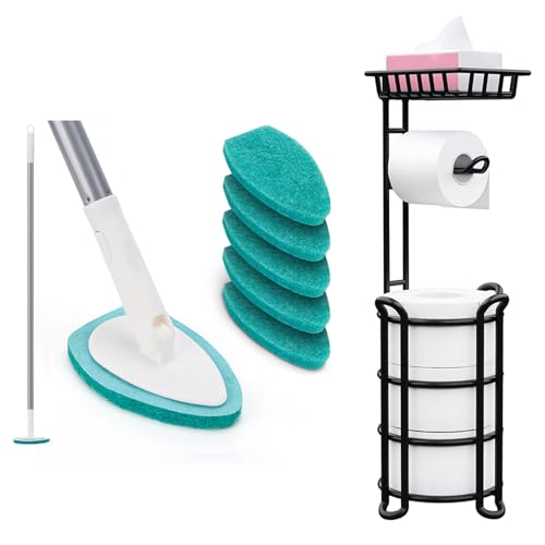 Shower Scrubber with Long Handle, 47'' Bathtub Scrub Brush, Toilet Paper Holder Stand with Shelf, Free Standing Tissue Roll Storage Rack
