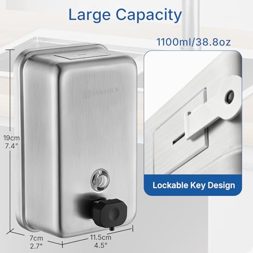 Commercial Soap Dispenser Wall Mounted, 37oz Stainless Steel Hand Soap Dsipenser, Liquid Manual Anti-Leak Pump Soap Dispenser, Rust-Proof Lining Liquid Hand Sanitizer Dispenser for Bathroom - color: Blk-1618-1100