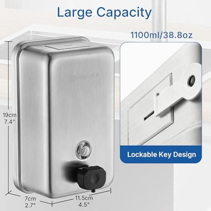 Commercial Soap Dispenser Wall Mounted, 37oz Stainless Steel Hand Soap Dsipenser, Liquid Manual Anti-Leak Pump Soap Dispenser, Rust-Proof Lining Liquid Hand Sanitizer Dispenser for Bathroom - color: Blk-1618-1100