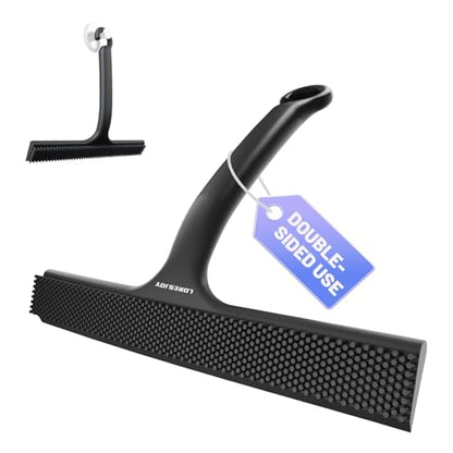 Shower Squeegee for Shower Glass Door Bathroom Accessories, Dual Head Wiper Cleans Water & Hair, Silicone Blade, Non-Slip Long Handle, Glass Window Door Wall Tile Cleaner
