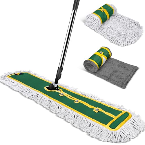 42" Commercial Dust Mop for Floor Cleaning, MASTERTOP Large Flat Mop with Long Handle, Sweeping Broom with 2 Different Mops Pads, Industrial Mop for Hardwood, Tile, Gym, Office, Mall, Warehouse - color: Green(42"*12")