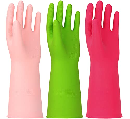 3 Pairs Rubber Cleaning Gloves Latex Free Dishwashing Gloves - 13" Reusable Nitrile Gloves Large, Green+Pink+Red - color: Green+pink+red, size: Large