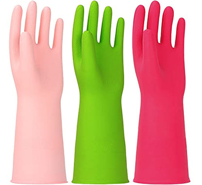 3 Pairs Rubber Cleaning Gloves Latex Free Dishwashing Gloves - 13" Reusable Nitrile Gloves Medium, Green+Pink+Red - color: Green+pink+red, size: Medium