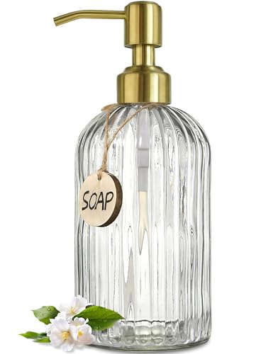 JASAI 18Oz Glass Soap Dispenser with Golden Pump for Kitchen,Refillable Liquid Hand soap Dispenser with Vertical Stripe, Clear Soap Dispenser Bathroom for Hand soap, Dish Soap, Lotion - color: Clear-golden Pump, size: 1 Pack