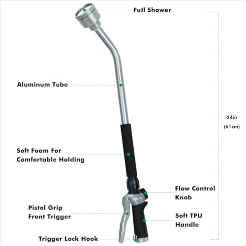 RESTMO Long Watering Wand, 24 Inches Gentle Soft Full Shower Sprayer Wand with Flow Control, Heavy Duty Metal Hose Wand for Hanging Baskets, Shrubs, Plants, Flowers, Garden and Lawn, Black - color: Black